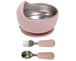 Kinder eetset – RVS uitneembaar bakje met siliconen zuignap bord + lepel & vork – Vaatwasserbestendig – Roze