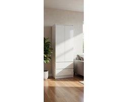 Kinder- en Slaapkamer Kledingkast Star S | Smalle Twee Deurs Kast 60 cm Breed | 2 Lades + Planken + Kledingstang | Hoogglans Wit | Opbergkast voor Kleding, Schoenen en Accessoires Novihome