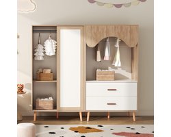 Kinder Garderobekast - Kledingkast Set - Kinderkamer Inrichten - Schuifdeuren Ruimtebesparend - 142.5 cm Hoog - Wit Natuurhout