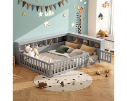Kinder Grondbed - Lage Kinderbed - Veilig Slapen - Met Valbeveiliging - 140x190 cm - Grijs