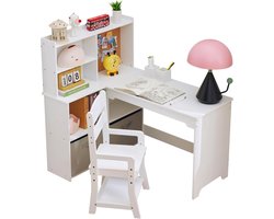 Kinder hoekbureau in L‑vorm met boekenkast - Bureau en stoel set met open planken & lades, voor kinderkamer (3–8 jaar) - Wit