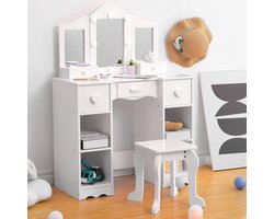 Kinder Kaptafel met Drievoudige Spiegel & Licht - Houten Prinsessen Kaptafel met Krukje, Lade & Opbergvakken, 2‑in‑1 Speel‑ en Schrijftafel voor Meisjes - wit