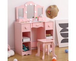 Kinder Kaptafel met Drievoudige Spiegel & Licht - Houten Prinsessen Kaptafel met Krukje, Lade & Opbergvakken, 2‑in‑1 Speel‑ en Schrijftafel voor Meisjes - Roze
