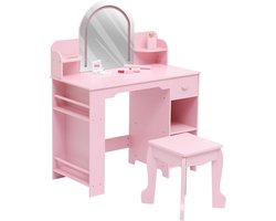 Kinder Kaptafel met LED-verlichte spiegel, make-up tafel voor meisjes met krukje, 3 verlichtingsstanden, wolkvormige lade en planken, roze