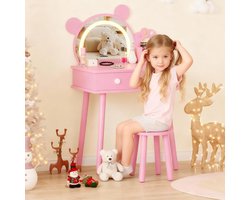 Kinder Kaptafel met Licht – Roze Houten Kaptafel met Beren‑Spiegel, Laden & Bloemenkrukje, Prinsessen Make‑up Tafel voor Meisjes