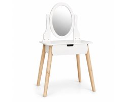 Kinder Kaptafel met Spiegel en Lade – Make-up Tafel voor Kinderen – Houten Kaptafel Wit/Naturel – Kinderkamer – 55 x 109 x 30 cm – Wit
