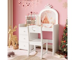Kinder Kaptafel met Spiegel en Licht - Wit Houten Prinsessen Kaptafel met Stoel, Planken en Lades, 2‑in‑1 Make-up Tafel voor Meisjes