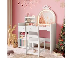 Kinder Kaptafel met Spiegel en Licht - Witte Houten Kaptafel met Stoel, Lade & Open Planken, Prinsessen Make‑up Tafel voor Meisjes