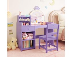 Kinder Kaptafel met Spiegel en Licht - Witte Houten Kaptafel met Stoel, Lade & Open Planken, Prinsessen Make‑up Tafel voor Meisjes
