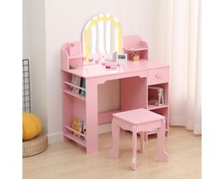 Kinder Kaptafel met Verlichte Spiegel - 2‑in‑1 Kaptafel & Krukje voor Meisjes 3‑9 Jaar, met Boekenkast, Lade & Open Planken, Roze