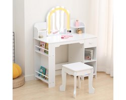 Kinder Kaptafel met Verlichte Spiegel - 2‑in‑1 Kaptafel & Krukje voor Meisjes 3‑9 Jaar, met Boekenkast, Lade & Open Planken, Wit
