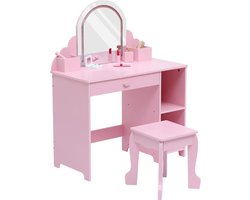 Kinder Kaptafel met Verlichte Spiegel - 2‑in‑1 Kaptafel & Krukje voor Meisjes 3‑9 Jaar, met Lade en Open Planken, Roze