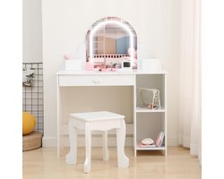 Kinder Kaptafel met Verlichte Spiegel - 2‑in‑1 Kaptafel & Krukje voor Meisjes 3‑9 Jaar, met Lade en Open Planken, Wit