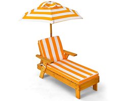 Kinder ligstoel met parasol en kussen, houten tuinstoel tot 50 kg, geel-wit