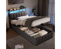 Kinder Opbergbed 90×200 – Grijs Linnen – LED Hoofdbord – USB & Type-C – Gaslift Opbergruimte