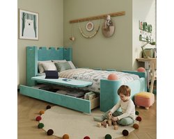 Kinder Polsterbed Eenpersoonsbed 90x200cm - Klapbare zijplank - Opberglade - Kasteelontwerp - Zachte stootranden - Frans fluweel - Blauwgroen