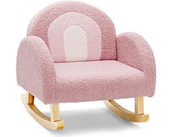 Kinder Schommelstoel - Teddy Fluweel Zachte Zitbank met Massief Houten Poten - Roze Kindermeubel voor Slaapkamer