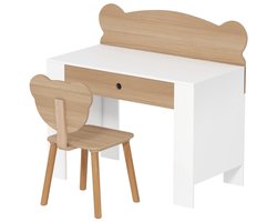 Kinder Schrijftafel Set Met Stoel Berenvorm Kinderbureau Met Lade Schrijftafel Schooltafel Kindertafel Jongens Meisjes Natuurlijk Hout 80x41x74,5 cm Houten Set Leer Bureau Stoel Opberglade Kinderkamer Speeltafel Belastbaar Tot 30 kg