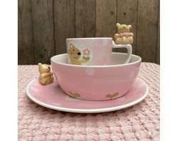 Kinder servies set keramiek - Kinder bord - kinderserviesset - kinderservies set handgemaakt - handbeschilderd - 3-delig - bord & kom & beker - roze