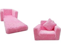 Kinder Slaapbank en logeerbed in één - 100cm x 36cm x 25cm - roze pluche
