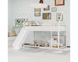 Kinder Stapelbed 90x190 cm - Met Glijbaan En Trap, Huisvormig Ontwerp, Hoge Valbeveiliging, Zonder Matras, Metaal - Wit
