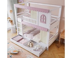 Kinder stapelbed 90x200 cm – Hoogslaper met trap, ramen, valbeveiliging, 2 opberglades met wieltjes & opbergplanken – Wit/Roze design met bedgordijn – EN747 gecertificeerd – Laura