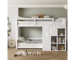 Kinder Stapelbed 90x200 cm met Trap en Opbergruimte - bed met Veiligheidsrails - Massief Hout - Wit