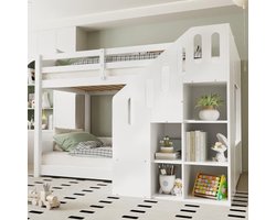 Kinder Stapelbed 90x200 cm met Trap en Opbergruimte - Hoogslaper met Valbeveiliging en Lattenbodem - Houten Bedframe voor Twee Kinderen - Wit