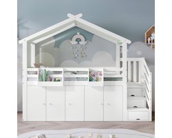 Kinder stapelbed in huisvorm - Puntdak, opbergtrap en kledingkast - 90x200 cm - 2 slaapplaatsen - Wit en groen - Veiligheidshekken rondom - EN747 gecertificeerd