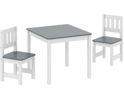 Kinder tafel- en stoelenset 3-delig met 1 tafel van 56 × 52 × 48 cm en 2 kinderstoelen met rugleuning van 27 × 27 × 53 cm grijs stabiel en duurzaam kindermeubilair met veilige afgeronde hoeken geschikt voor leren, spelen en tekenen