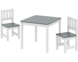 Kinder tafel- en stoelenset 3-delig met 1 tafel van 56×52×48cm en 2 kinderstoelen met rugleuning van 27×27×53cm veilige afgeronde hoeken stabiel en duurzaam kindermeubilair geschikt voor meerdere toepassingen zoals leren spelen en tekenen grijs