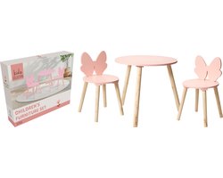 Kinder Tafel en Stoeltjes Set – Hout – Roze – 3-delig – 2 Stoelen + Ronde Tafel