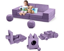 Kinderbank, 12-delig, speelbank van schuimrubber, bouwstenen met comfortabele suède, modulaire speelbank voor kinderen om te spelen,140x45x70CM (paars)