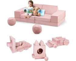 Kinderbank, 12-delig, speelbank van schuimrubber, bouwstenen met comfortabele suède, modulaire speelbank voor kinderen om te spelen,140x45x70CM (Roze)