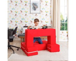 Kinderbank, 4-in-1 slaapbank, rood, klim- en kruipset, activiteitsspelblokken voor bank, matras, uitklapbare ligstoel, 4-delige lichte, kleurrijke interactieve babyspeelset