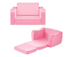 Kinderbank - Kinderfauteuil - Met Armleuningen - 28D Schuim - Zachte Korte Poolstof - Voor Speelkamer en Slaapkamer - Maat M - Roze