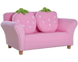 Kinderbank Kinderfauteuil Zachte Tweedelige Bank met Aardbeienmotief en Kussens - Stabiele Kinderstoel voor Slaapkamer - Coral Fleece Bekleding - Houten Frame