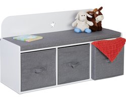 kinderbankje met opbergruimte - 54 x 99 x 35 cm - met kussen - leuning - wit/grijs