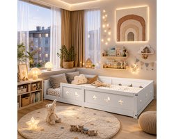 Kinderbed 120x200 cm - met valbeveiliging - uitgesneden sterren en manen - Montessori bed - Vloerbed - Peuterbed - Wit