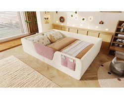 Kinderbed 140x190 cm - Fluwelen Juniorbed met Afneembare Zijwand - Groeit Mee met Uw Kind - Beige
