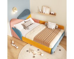 Kinderbed 140x200 cm - Gestoffeerd Bed met Verhoogde Zijbescherming en Zacht Hoofdbord - Zonder Matras - Fluweel - Blauw Roze Geel