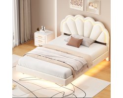 Kinderbed 140x200 cm, gestoffeerd tweepersoonsbed voor meisjes, prinsessenbed, jeugdbed, gestoffeerd zwevend bedframe met LED-lichtlijsten, fluweelstof, beige (zonder matras)