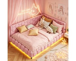 Kinderbed 140x200 cm met LED-verlichting en USB/Type-C, Slaapbank, Gestoffeerd L-vormig Tienerbed van Hoogwaardige Krulvilt, Roze Krullend, voor Meisjes en Tieners (Zonder Matras)