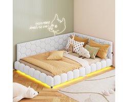 Kinderbed 140x200 cm met LED-verlichting en USB/Type-C, Slaapbank, Gestoffeerd L-vormig Tienerbed van Hoogwaardige Krulvilt, Wit Krullend, voor Meisjes en Tieners (Zonder Matras)