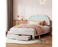 Kinderbed 140x200 cm met Opbergruimte en LED Hoofdbord | Gestoffeerd Eenpersoons Bed Meisjes