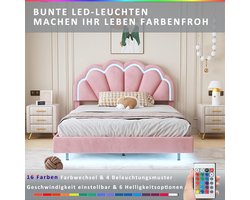 Kinderbed 140x200 cm – Roze Gestoffeerd Meisjesbed met LED Verlichting, Opbergruimte & Rugleuning – Fluwelen Tienerbed met Lattenbodem – Modern Design – Bedframe zonder Matras