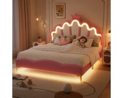 Kinderbed 140x200 cm roze, prinsessenbed met kroonvormig hoofdbord, gestoffeerd PU-leer bedframe