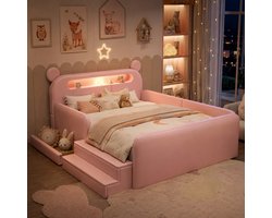 Kinderbed 140x200 cm - Tweepersoonsbed - Gestoffeerd bed - Multifunctioneel bed - Vloerbed - Met opbergvak - Met nachtlampje - Met USB-oplaadpoort - Veilig en comfortabel - Roze