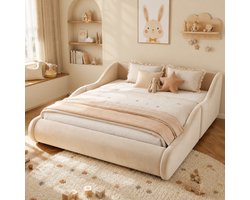 Kinderbed 140x200 cm - Tweepersoonsbed - Gestoffeerd bed - Vloerbed - Met hoofdbord - Met zijhekken - Fluwelen stof - Beige