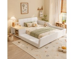 Kinderbed 140x200 cm - Tweepersoonsbed - Gestoffeerd bed - Vloerbed - Met opbergplanken - Met zacht hoofdeinde - Fluweelstof - Met bureau en stoel - Zacht en schokbestendig - Wit
